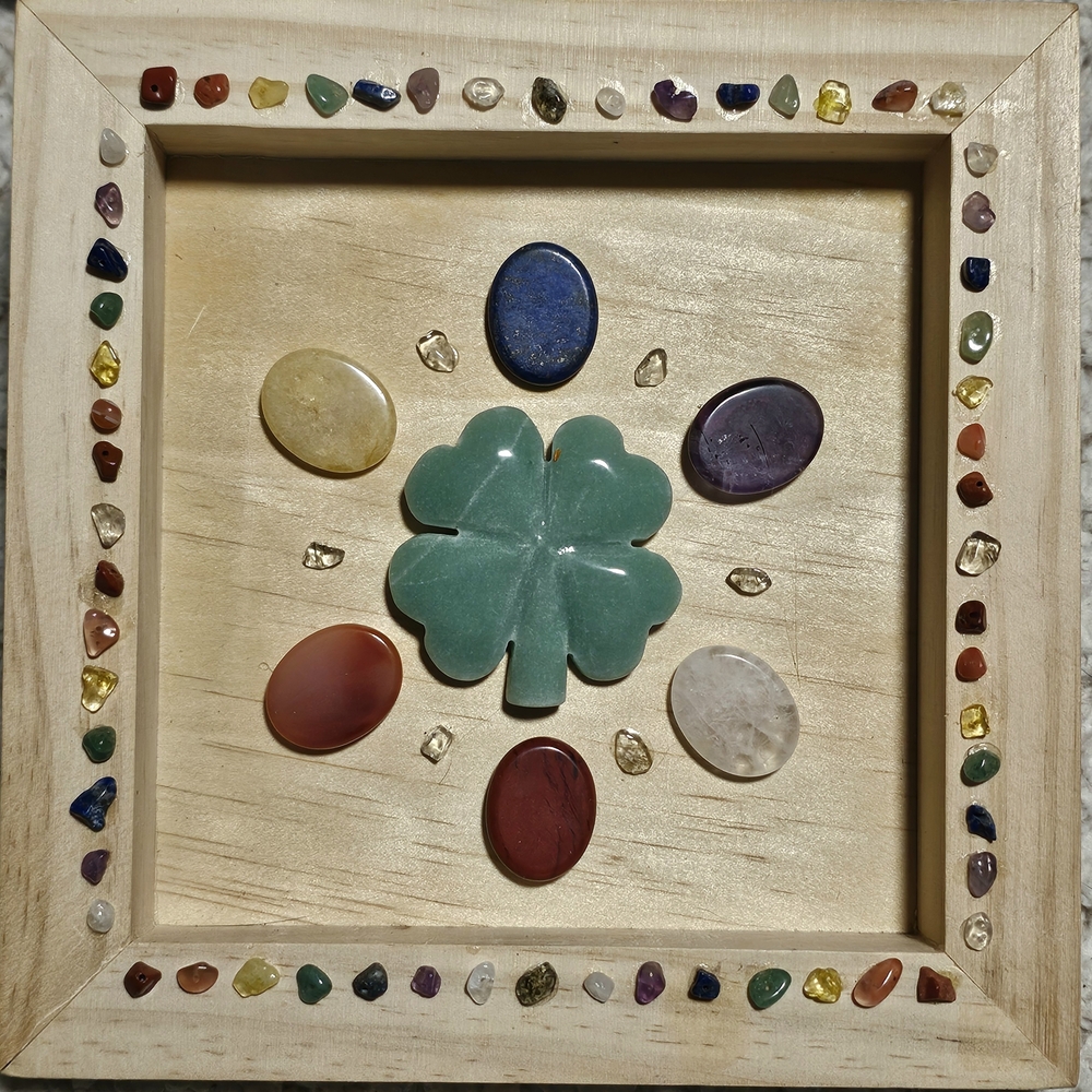 Chakra Gemstone Art With Green Aventurine Clover Surrounded By Chakra Crystals!